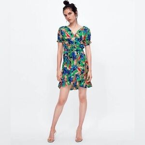 Zara Green and Blue Floral Wrap Dress